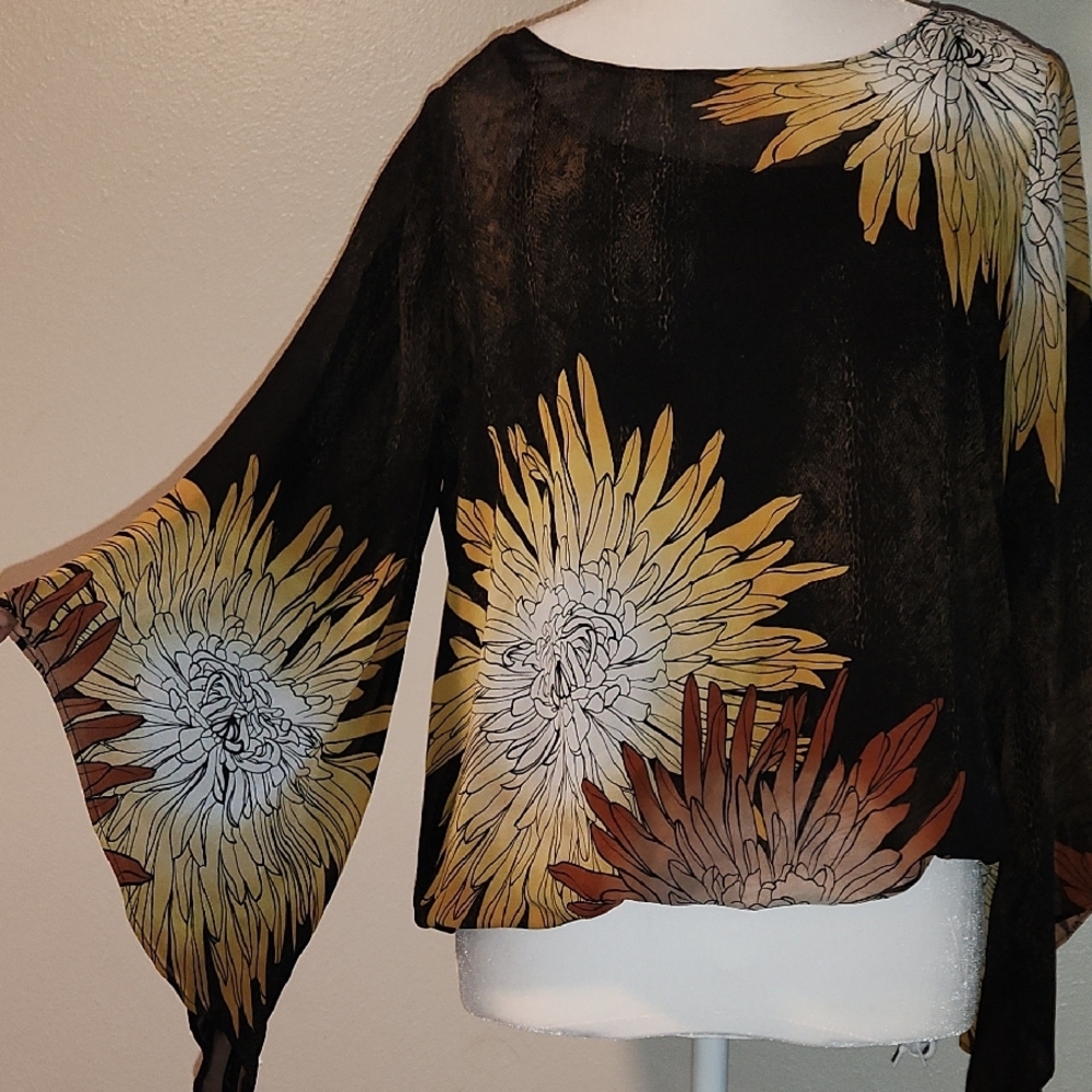 Black Floral Sheer Blouse with Mustard and Rust Blooms